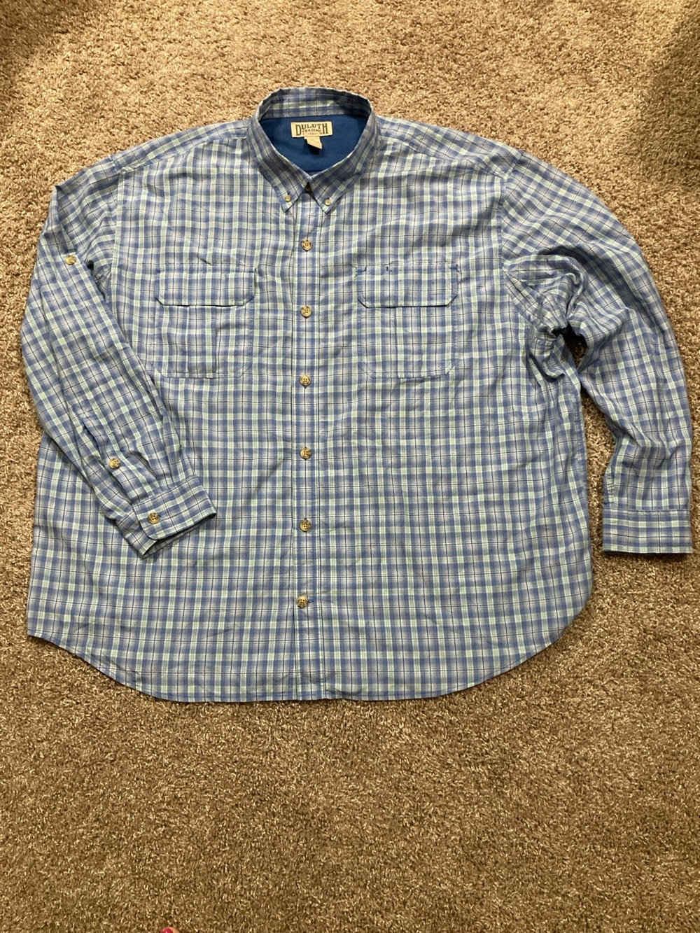Duluth Trading Co Lt. Blue+White Plaid Mens Button-Down Wrinklefighter Shirt, 3X